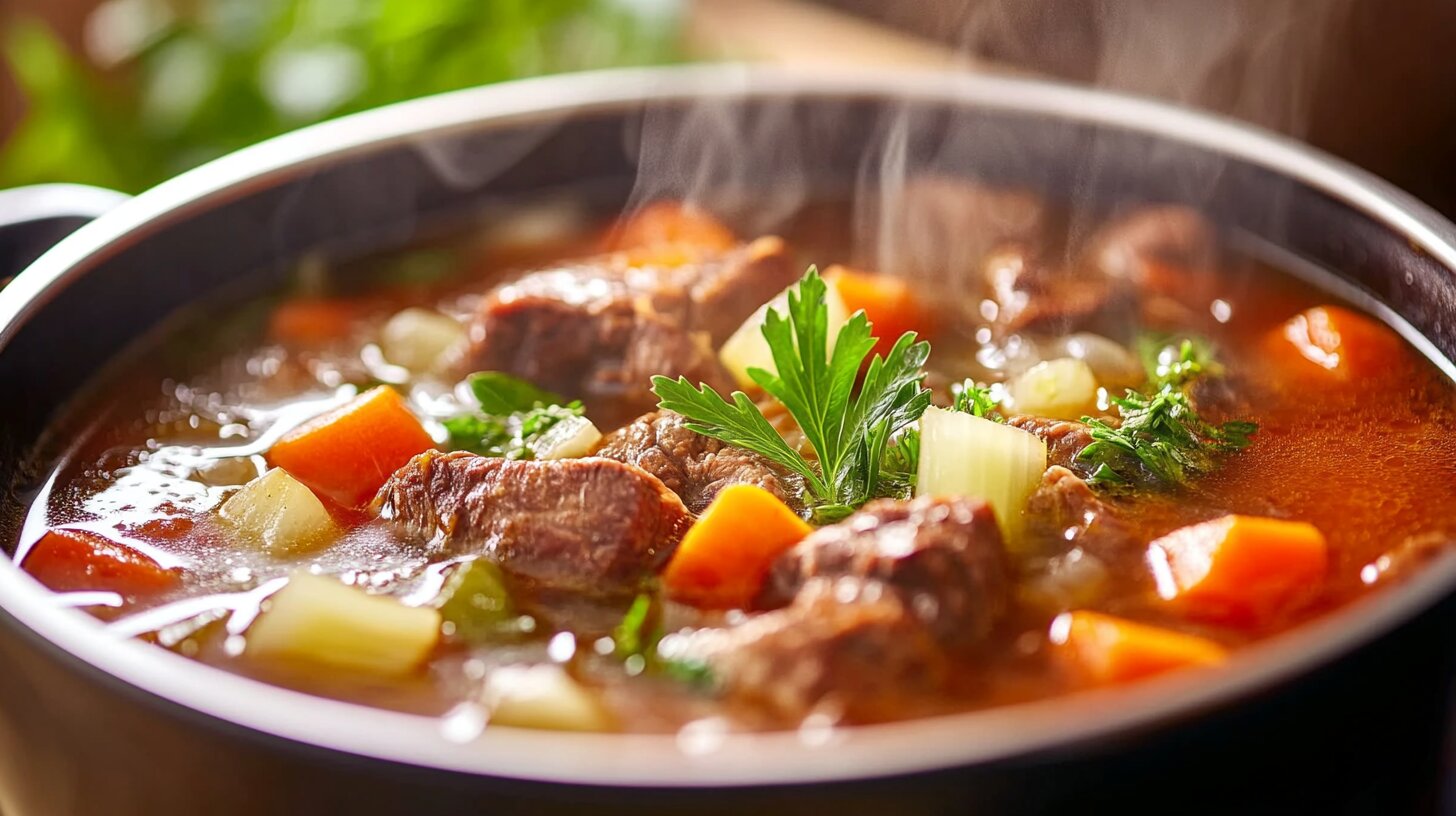 A pot of simmering broth with beef soup bones, vegetables, and steam rising in a rustic kitchen setting