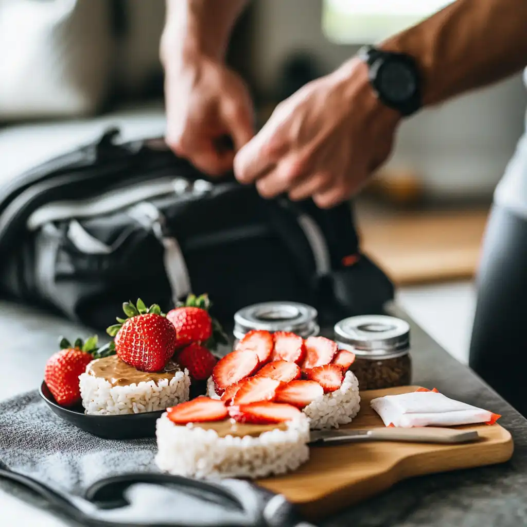 Pre-workout snack preparation with rice cakes, almond butter, and strawberries for quick energy