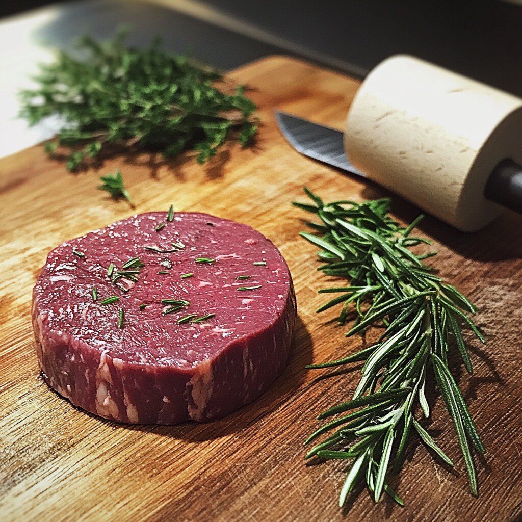 Raw round steak on a wooden cutting board with a meat mallet and herbs, showing preparation steps