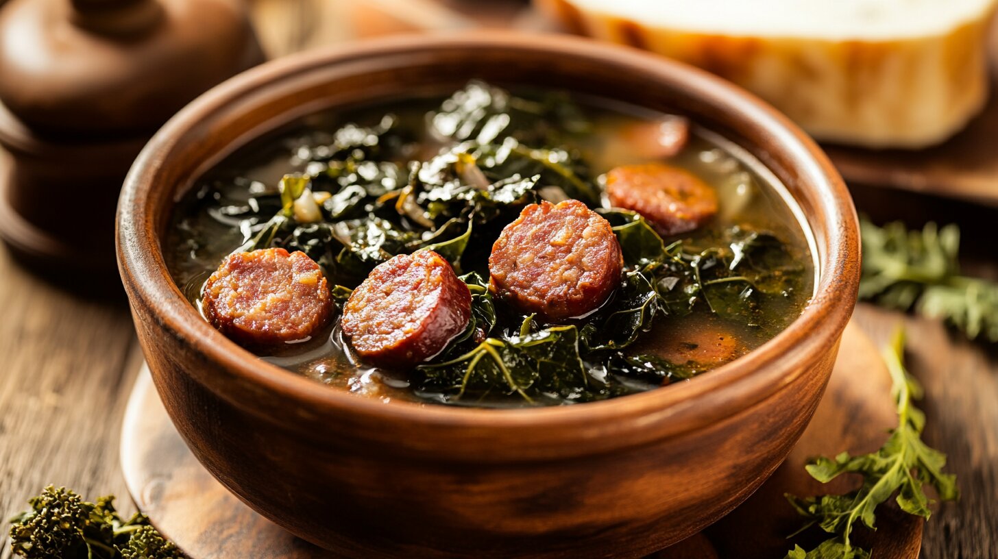 Rustic bowl of swamp soup with collard greens and smoked sausage in a cozy kitchen setting