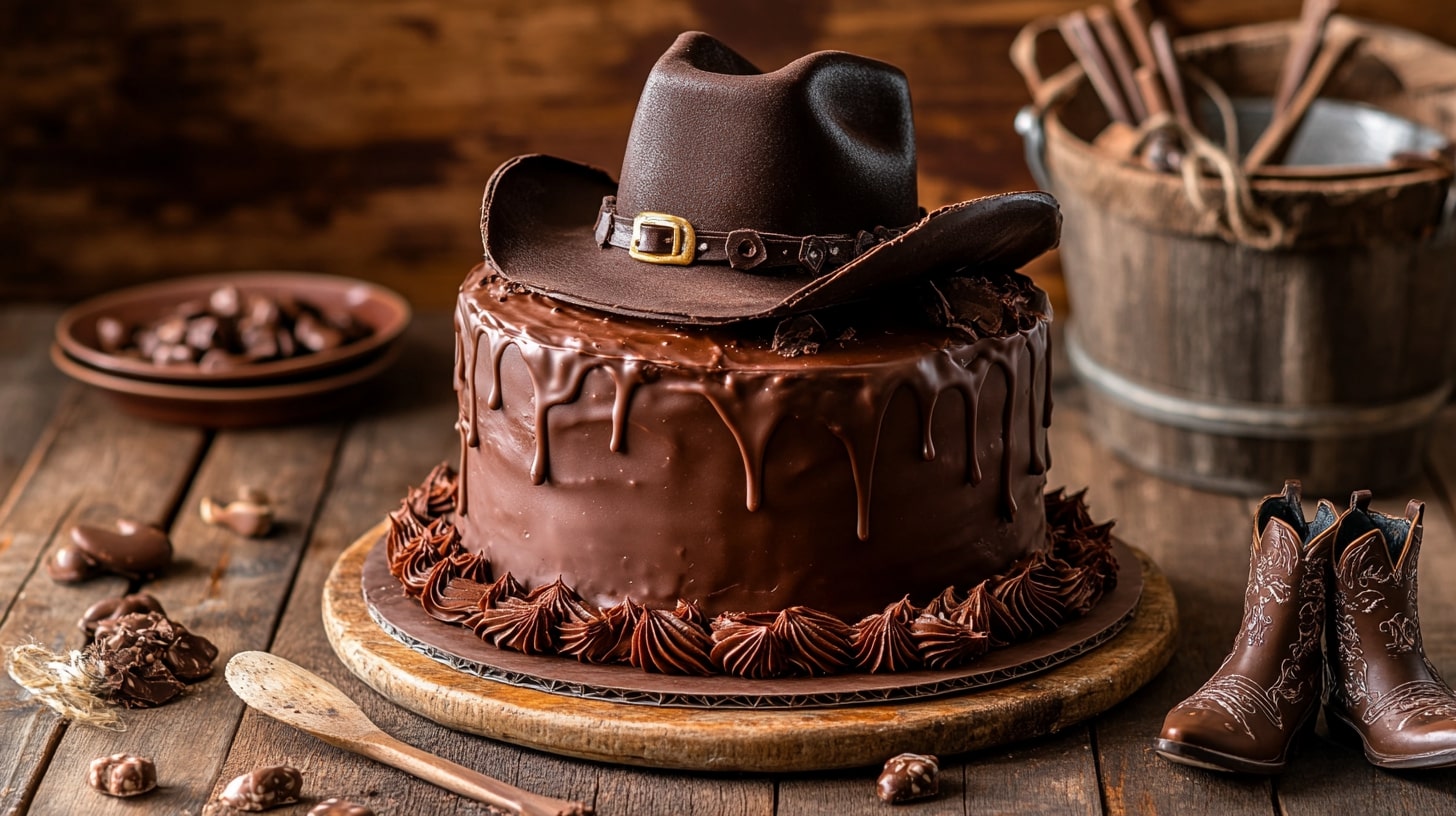 Rustic cowboy-themed chocolate cake with western decorations