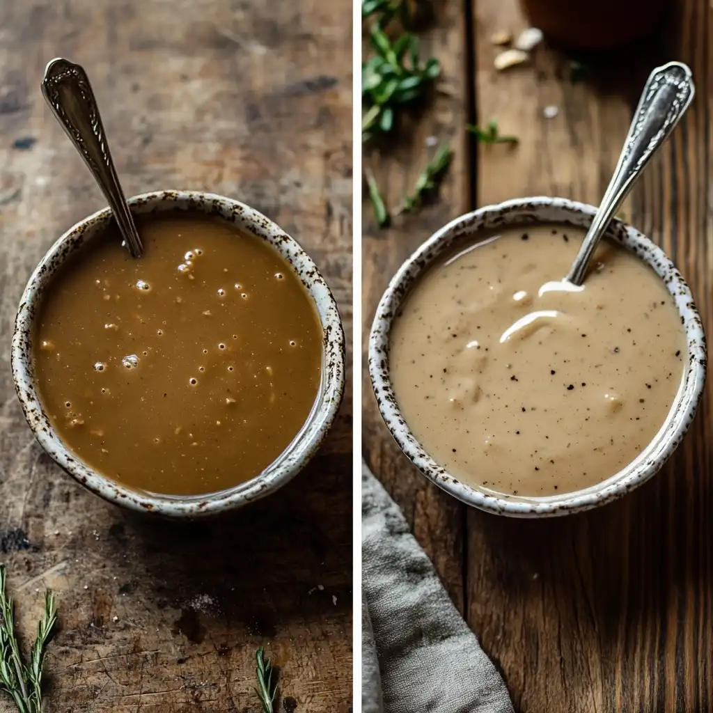 Side-by-side comparison of beef gravy made with cornstarch (glossy) and flour (creamy), highlighting texture differences