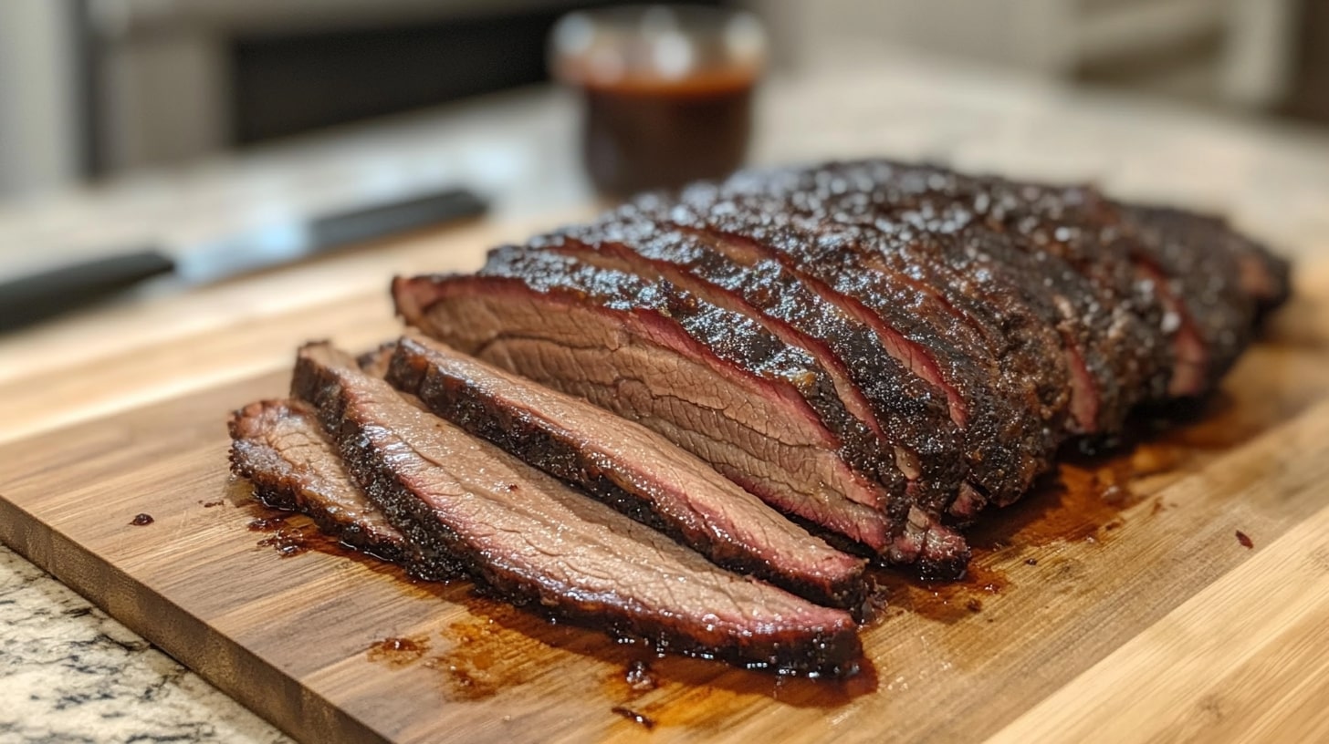 Sliced beef brisket on a wooden board with a smoke ring and BBQ sauce