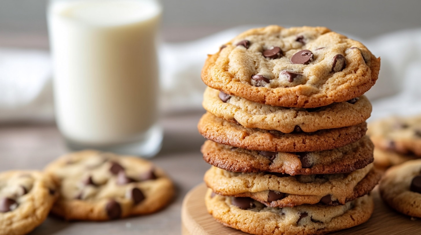 Stack of warm, gooey chocolate chip cookies with a glass of milk