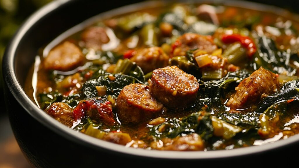 Steaming bowl of thick swamp soup with okra, greens, and sausage on a wooden table