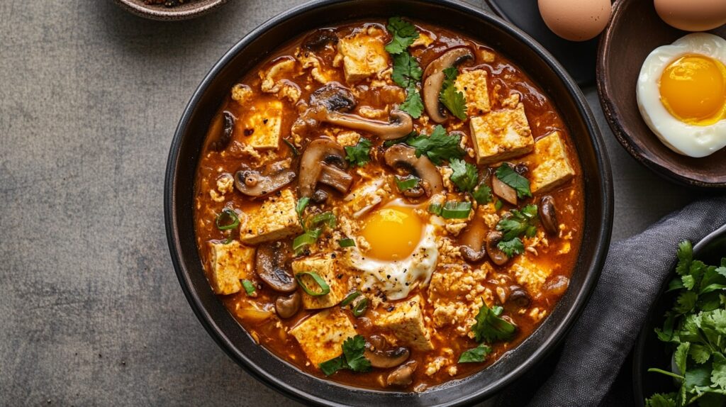 Steaming hot and sour soup with tofu, mushrooms, and egg swirl