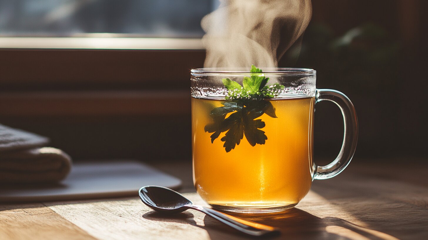 Steaming mug of golden bone broth garnished with fresh parsley on a wooden table