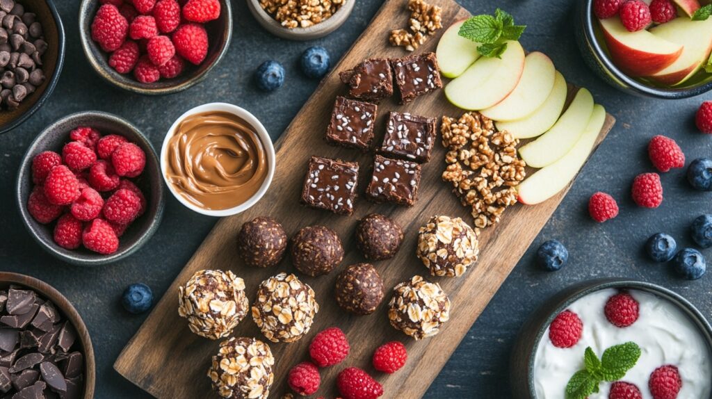 Sweet high-protein snacks including peanut butter protein balls, Greek yogurt parfaits, and chocolate brownies on a wooden board