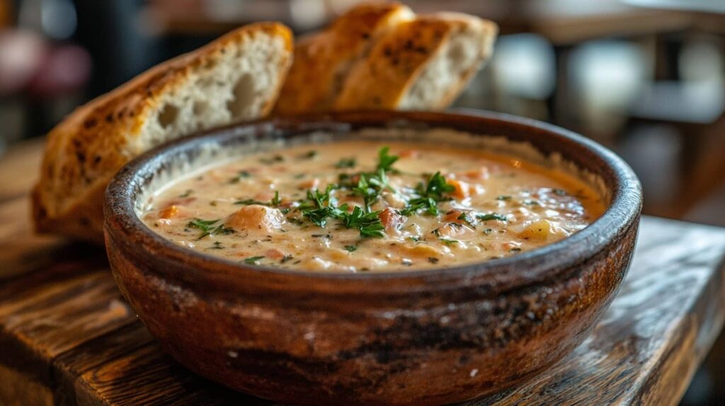 A hearty bowl of swamp soup with herbs and crusty bread served in a rustic setting.