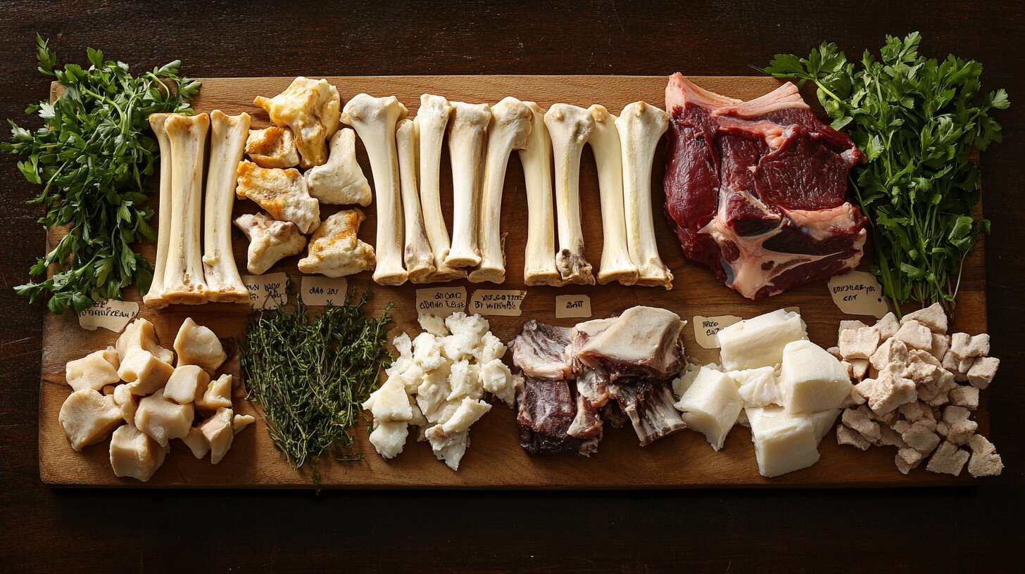 Assorted raw soup bones including beef, chicken, lamb, and fish on a wooden cutting board with herbs