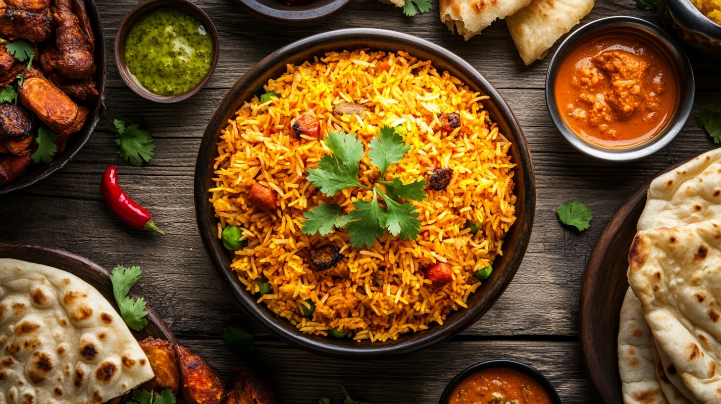 Vibrant spiced rice dish with turmeric, saffron, and cilantro served on a rustic wooden table