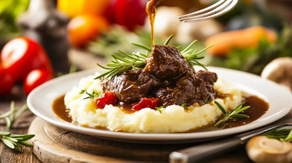 Braised beef cheek meat with mashed potatoes and gravy on a rustic dinner plate