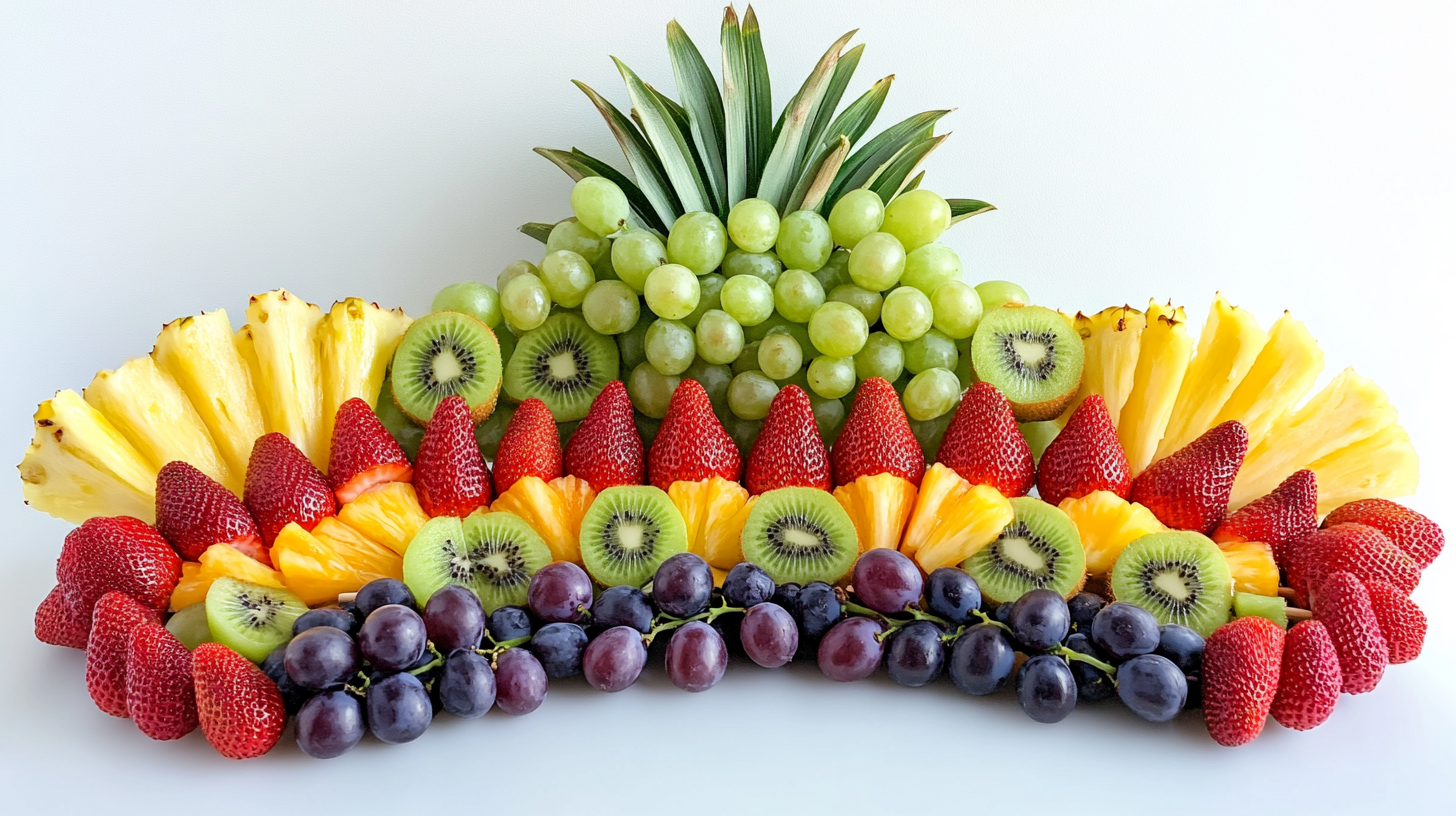 Colorful Rainbow Fruit Kabobs With Strawberries, Pineapple, Grapes, And Kiwi On Skewers