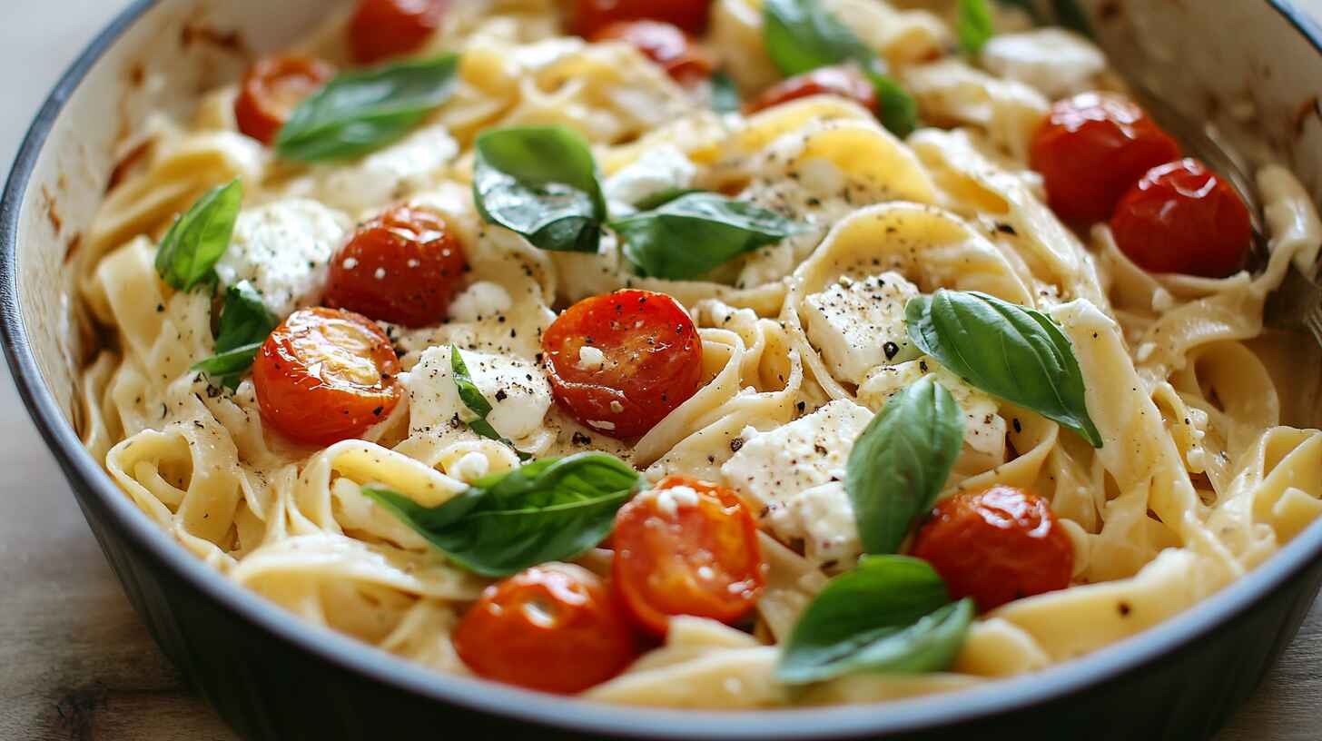 Creamy Baked Feta Pasta With Melted Feta, Cherry Tomatoes, And Fresh Basil In A Baking Dish