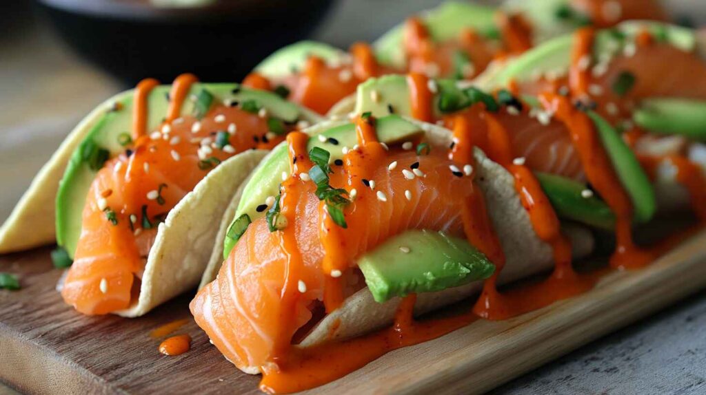 Creative Sashimi Salmon Tacos With Avocado And Sriracha Mayo