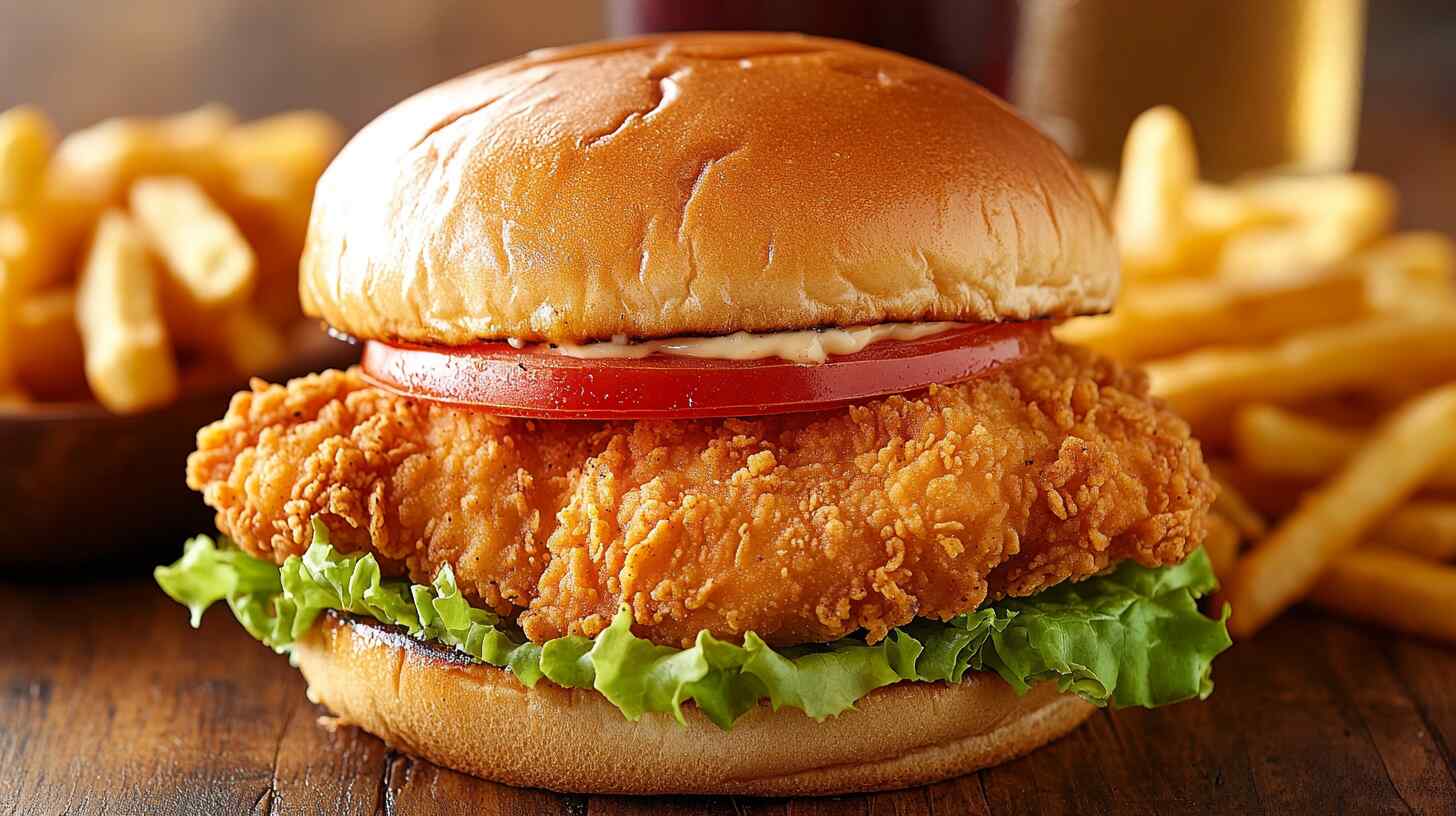 Crispy Fried Chicken Burger With Fresh Toppings And Golden Fries On A Wooden Table