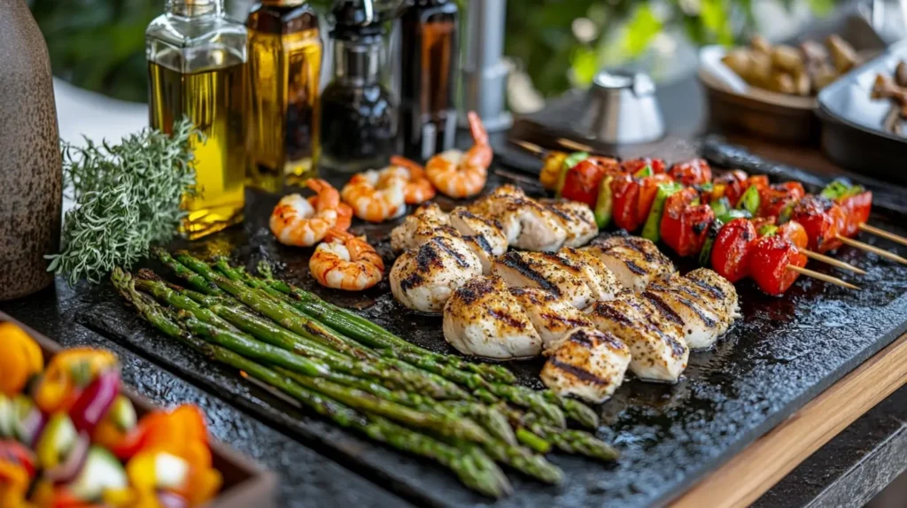 Healthy Blackstone griddle recipes with grilled chicken, shrimp, and vegetables