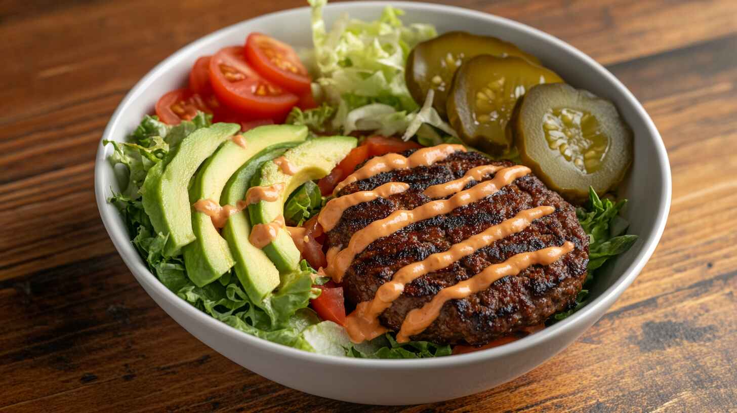 Healthy and colorful burger bowl recipe with fresh ingredients